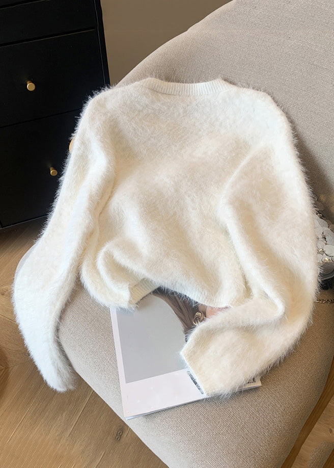 Casual White O-Neck Floral Mink Hair Knitted Sweaters Winter WR033 OL-NTP241103