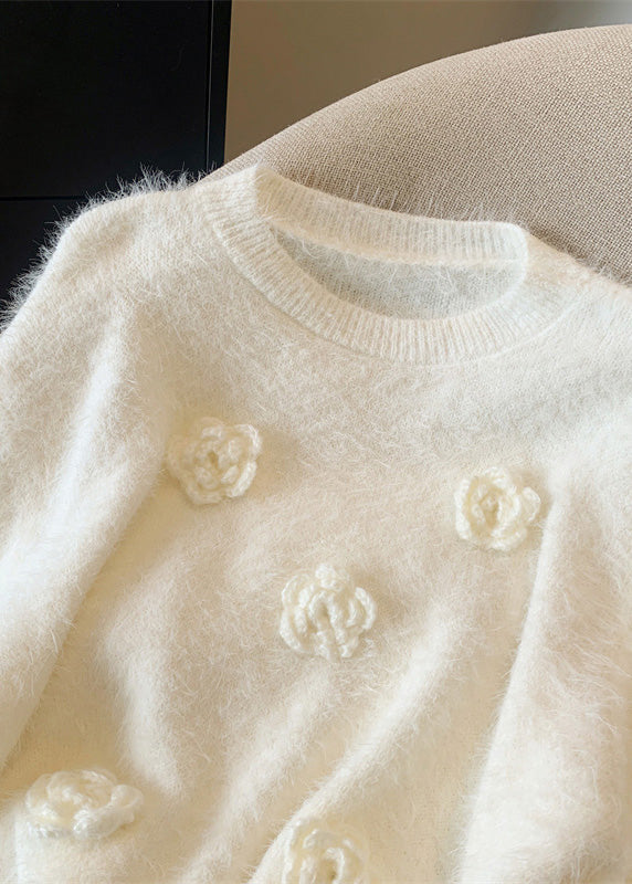 Casual White O-Neck Floral Mink Hair Knitted Sweaters Winter WR033 OL-NTP241103