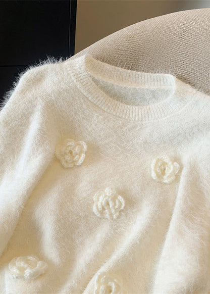 Casual White O-Neck Floral Mink Hair Knitted Sweaters Winter WR033 OL-NTP241103