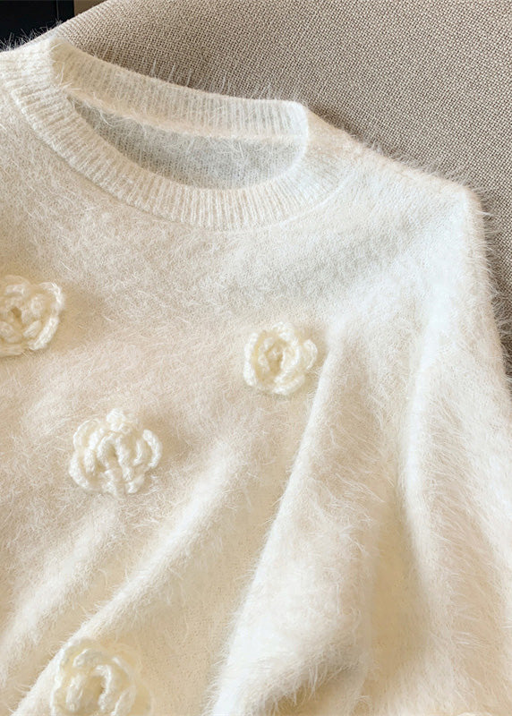 Casual White O-Neck Floral Mink Hair Knitted Sweaters Winter WR033 OL-NTP241103
