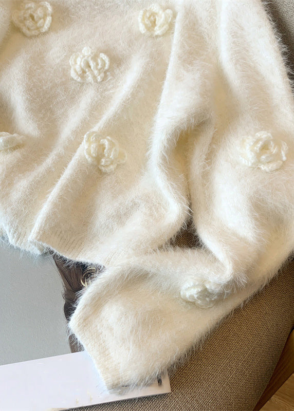Casual White O-Neck Floral Mink Hair Knitted Sweaters Winter WR033 OL-NTP241103
