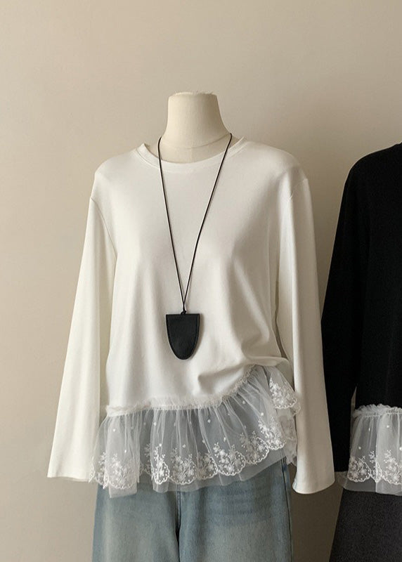 Casual White O Neck Lace Patchwork Cotton T Shirts Top Spring YF001 ABC