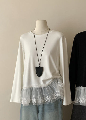 Casual White O Neck Lace Patchwork Cotton T Shirts Top Spring YF001 ABC