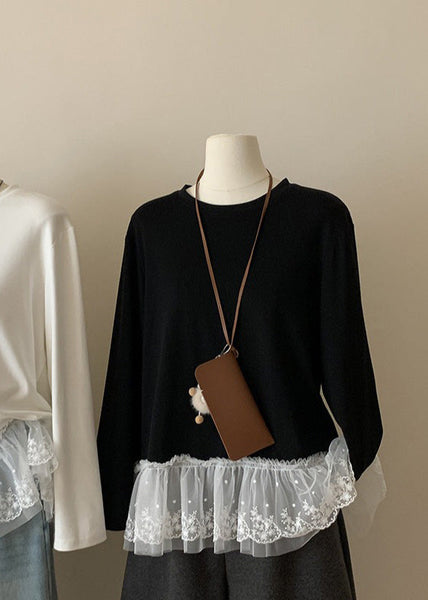 Casual White O Neck Lace Patchwork Cotton T Shirts Top Spring YF001 ABC