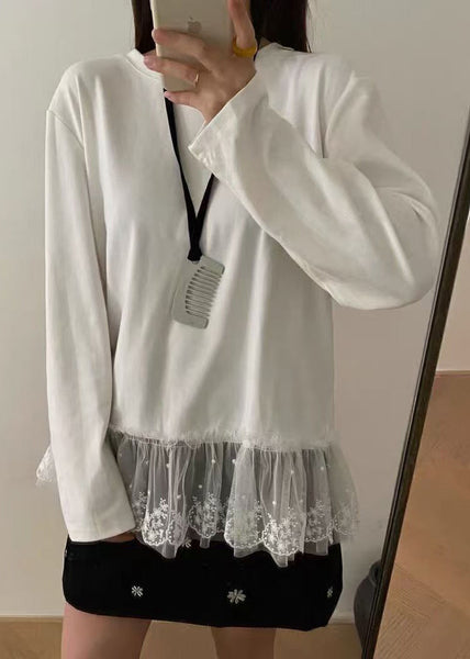 Casual White O Neck Lace Patchwork Cotton T Shirts Top Spring YF001 ABC