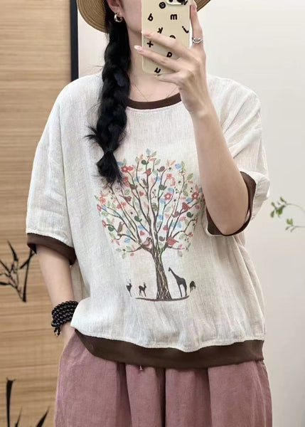 Oversized Linen White Print Casual Tops Patchwork Sleeveless FashionChic