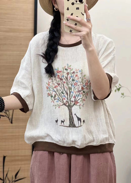 Oversized Linen White Print Casual Tops Patchwork Sleeveless FashionChic