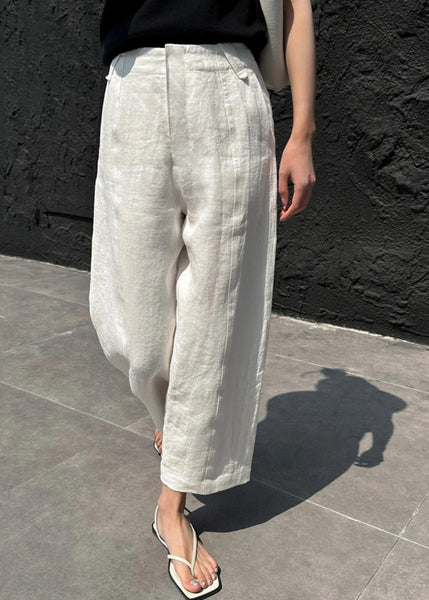 Casual White Patchwork Pockets High Waist Linen Crop Pants Summer VB1033 Ada Fashion
