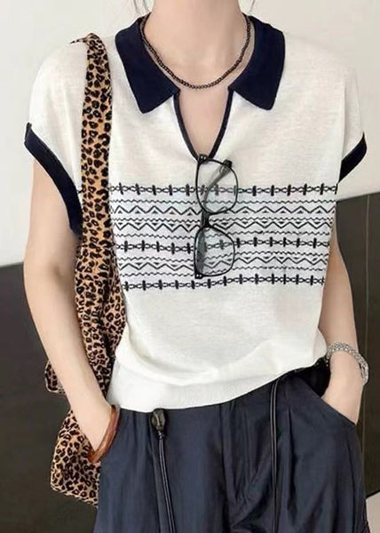Knit Print Casual Summer Top Peter Pan Collar White FashionChic