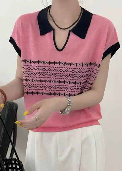 Knit Print Casual Summer Top Peter Pan Collar White FashionChic