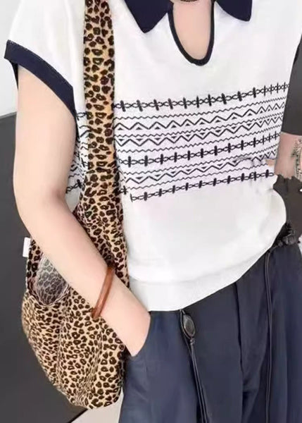 Knit Print Casual Summer Top Peter Pan Collar White FashionChic