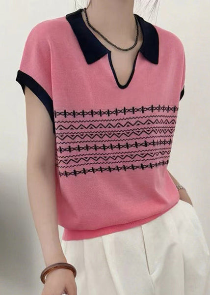 Knit Print Casual Summer Top Peter Pan Collar White FashionChic