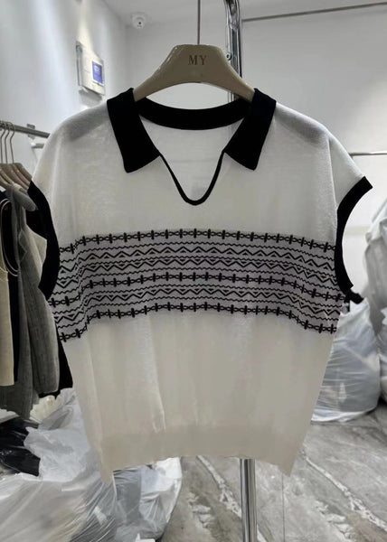 Knit Print Casual Summer Top Peter Pan Collar White FashionChic