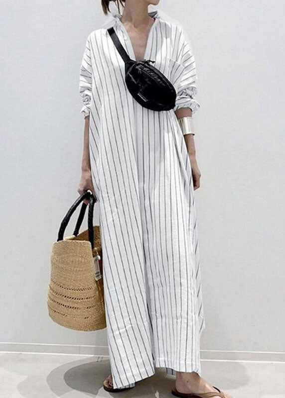 Casual White Peter Pan Collar Striped Maxi Shirts Dresses Long Sleeve VB1056 Ada Fashion