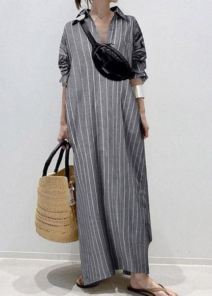 Casual White Peter Pan Collar Striped Maxi Shirts Dresses Long Sleeve VB1056 Ada Fashion