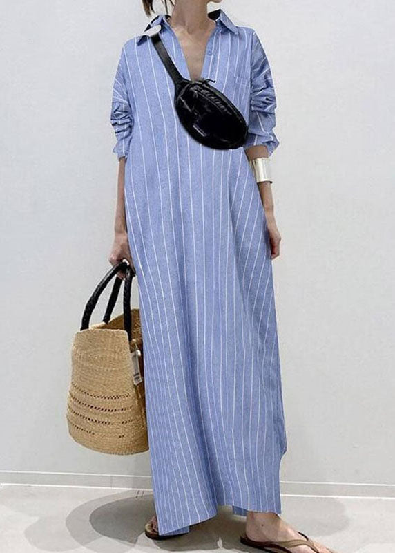 Casual White Peter Pan Collar Striped Maxi Shirts Dresses Long Sleeve VB1056 Ada Fashion