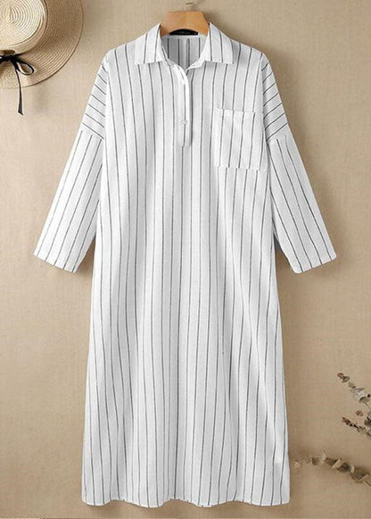 Casual White Peter Pan Collar Striped Maxi Shirts Dresses Long Sleeve VB1056 Ada Fashion