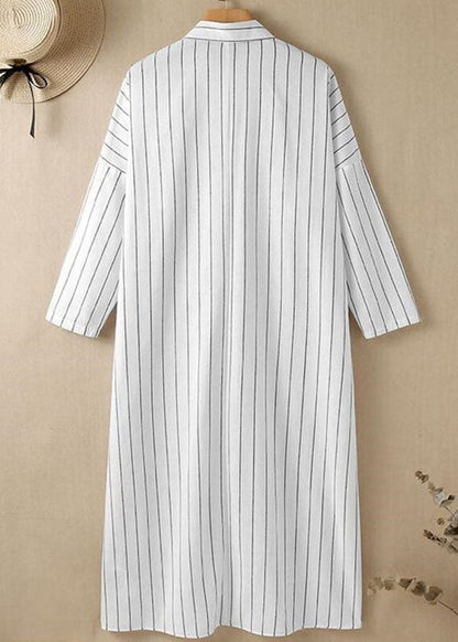 Casual White Peter Pan Collar Striped Maxi Shirts Dresses Long Sleeve VB1056 Ada Fashion