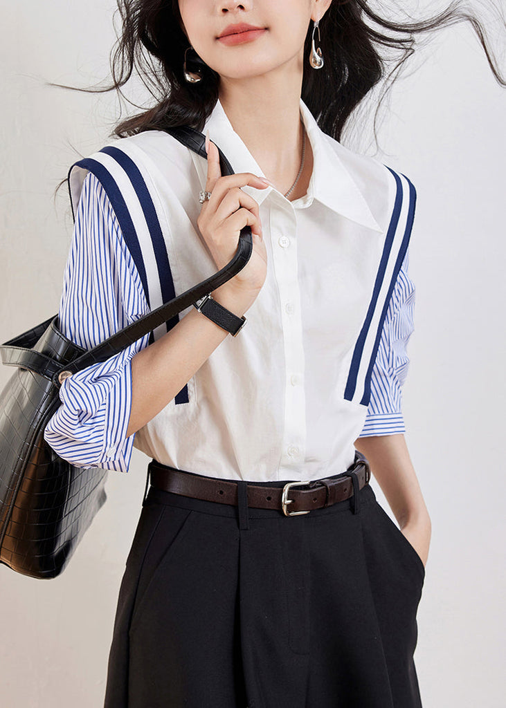 Casual White Peter Pan Collar Striped Patchwork Top Half Sleeve WW001 OL-HTP240812