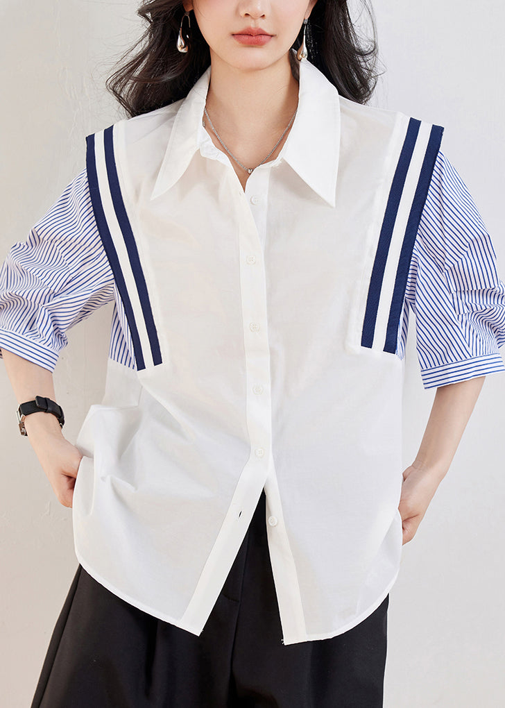 Casual White Peter Pan Collar Striped Patchwork Top Half Sleeve WW001 OL-HTP240812