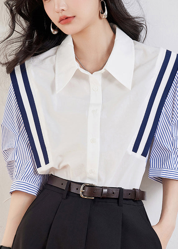 Casual White Peter Pan Collar Striped Patchwork Top Half Sleeve WW001 OL-HTP240812