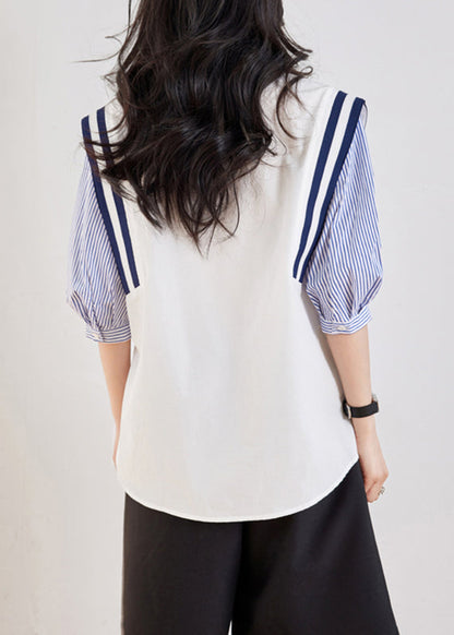 Casual White Peter Pan Collar Striped Patchwork Top Half Sleeve WW001 OL-HTP240812