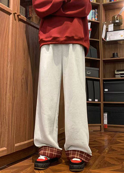 Casual White Plaid Patchwork Warm Fleece Men Pants Spring RM042 ABC