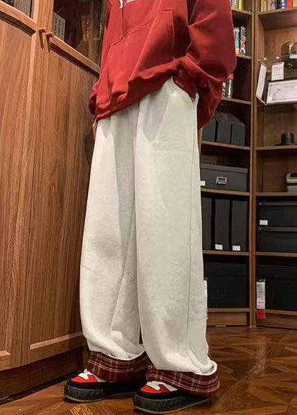 Casual White Plaid Patchwork Warm Fleece Men Pants Spring RM042 ABC