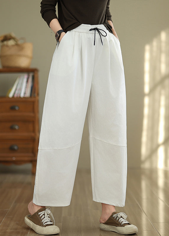 Casual White Pockets Drawstring Cotton Pants Fall QO048 OM-ZS241008