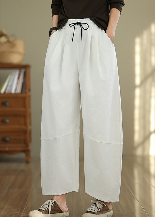 Casual White Pockets Drawstring Cotton Pants Fall QO048 OM-ZS241008