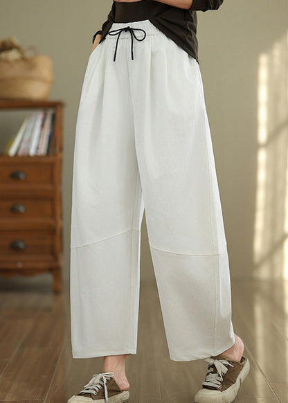 Casual White Pockets Drawstring Cotton Pants Fall QO048 OM-ZS241008