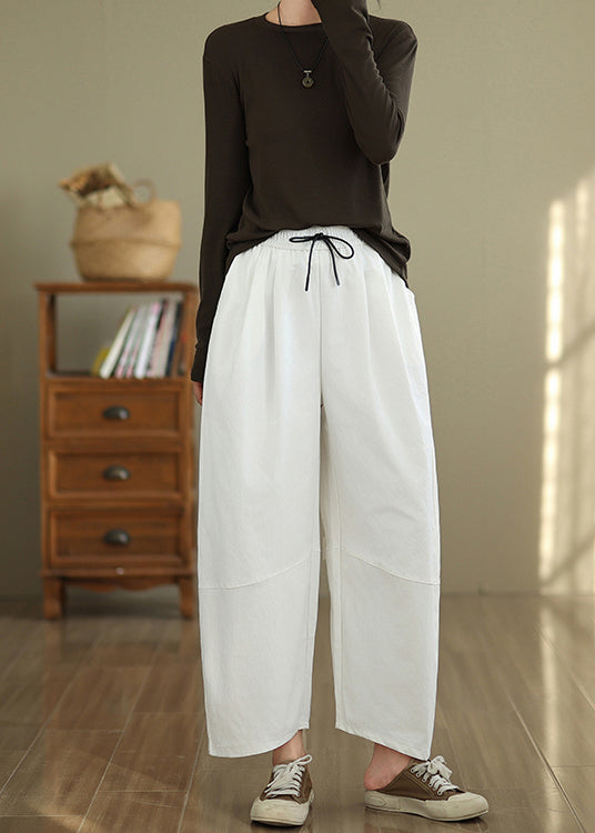 Casual White Pockets Drawstring Cotton Pants Fall QO048 OM-ZS241008