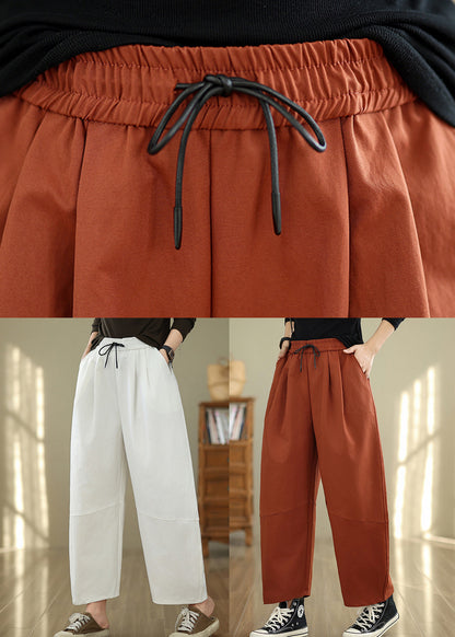 Casual White Pockets Drawstring Cotton Pants Fall QO048 OM-ZS241008