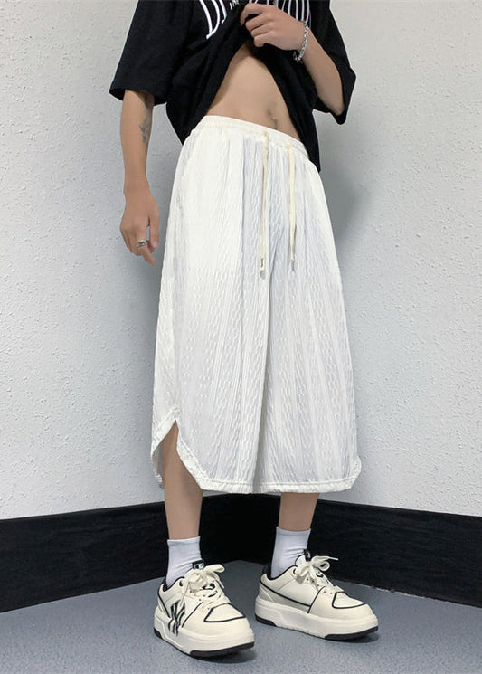 Casual White Pockets Elastic Waist Ice Silk Mens Crop Pants YT019 Men-Silk-MENCP240721