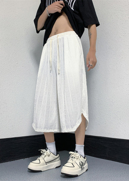 Casual White Pockets Elastic Waist Ice Silk Mens Crop Pants YT019 Men-Silk-MENCP240721