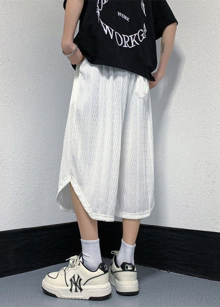 Casual White Pockets Elastic Waist Ice Silk Mens Crop Pants YT019 Men-Silk-MENCP240721