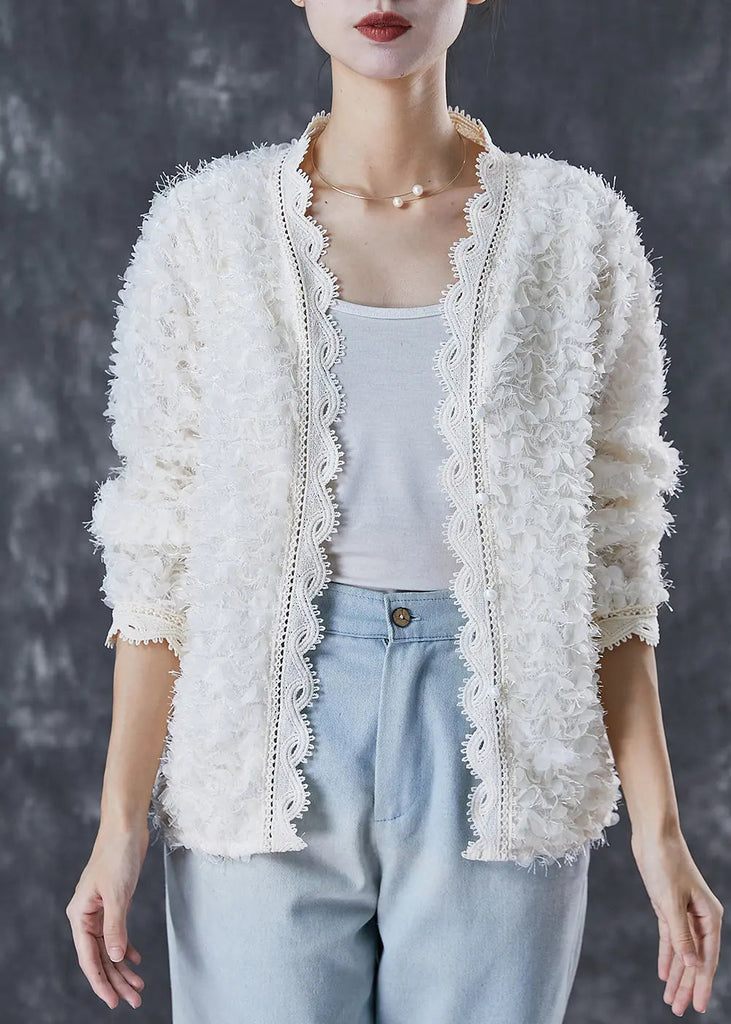 Casual White Tasseled Patchwork Lace Knit Loose Coat Spring Ada Fashion