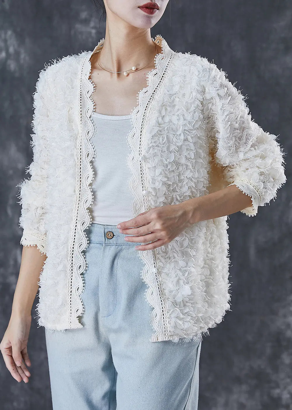 Casual White Tasseled Patchwork Lace Knit Loose Coat Spring Ada Fashion