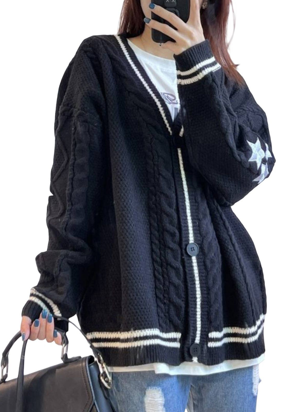 Casual White V Neck Embroidered Knit Cardigan Fall QY018 BB-ZS-WM-NCT241002