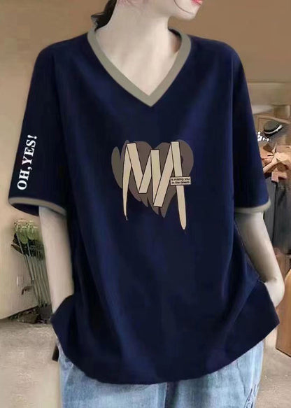 Casual Wine Red V Neck Print Cotton T Shirts Summer BV057 MZF-STP240702