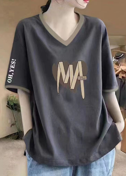 Casual Wine Red V Neck Print Cotton T Shirts Summer BV057 MZF-STP240702