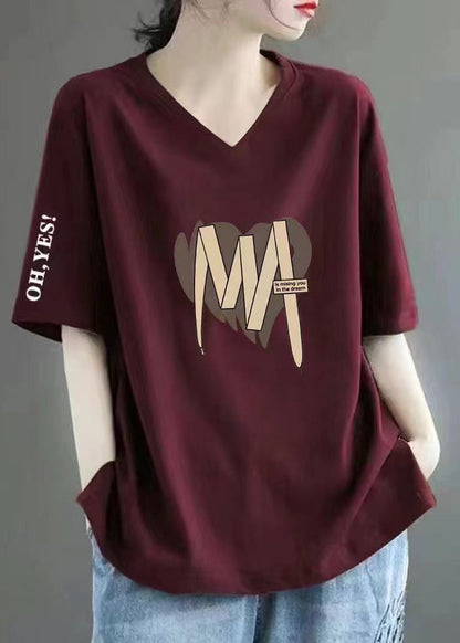 Casual Wine Red V Neck Print Cotton T Shirts Summer BV057 MZF-STP240702