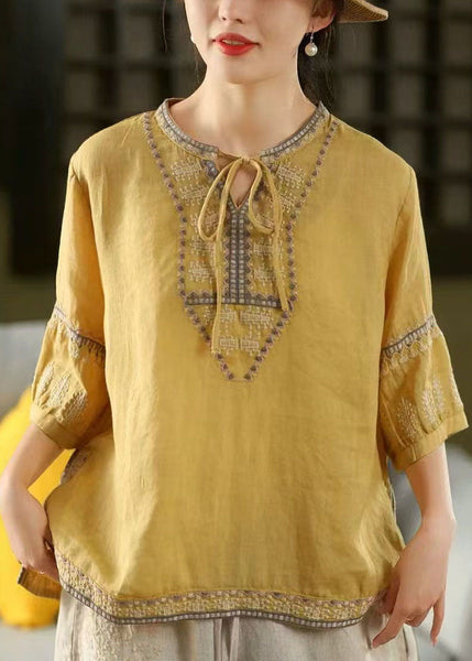 Tie Neck Casual Embroidered Sleeve Half Linen Blouses Yellow FashionChic
