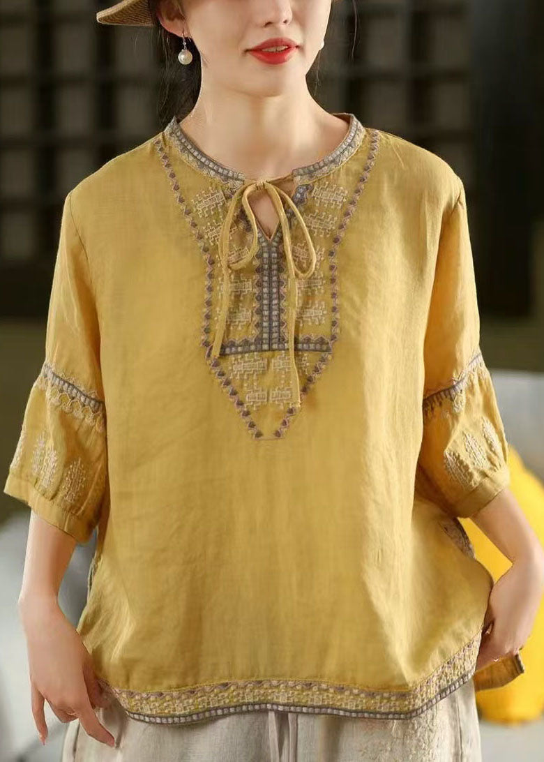 Tie Neck Casual Embroidered Sleeve Half Linen Blouses Yellow FashionChic