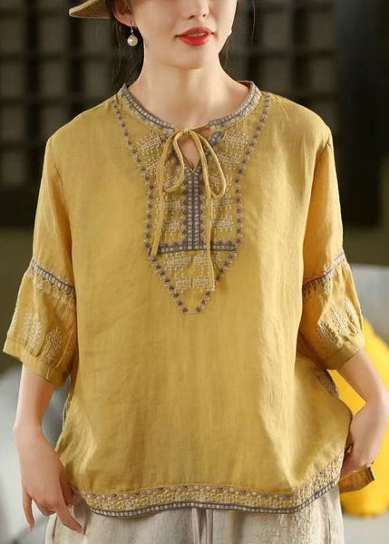 Tie Neck Casual Embroidered Sleeve Half Linen Blouses Yellow FashionChic