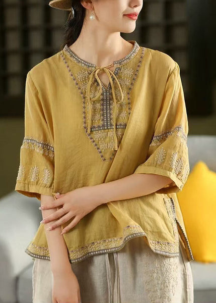 Tie Neck Casual Embroidered Sleeve Half Linen Blouses Yellow FashionChic