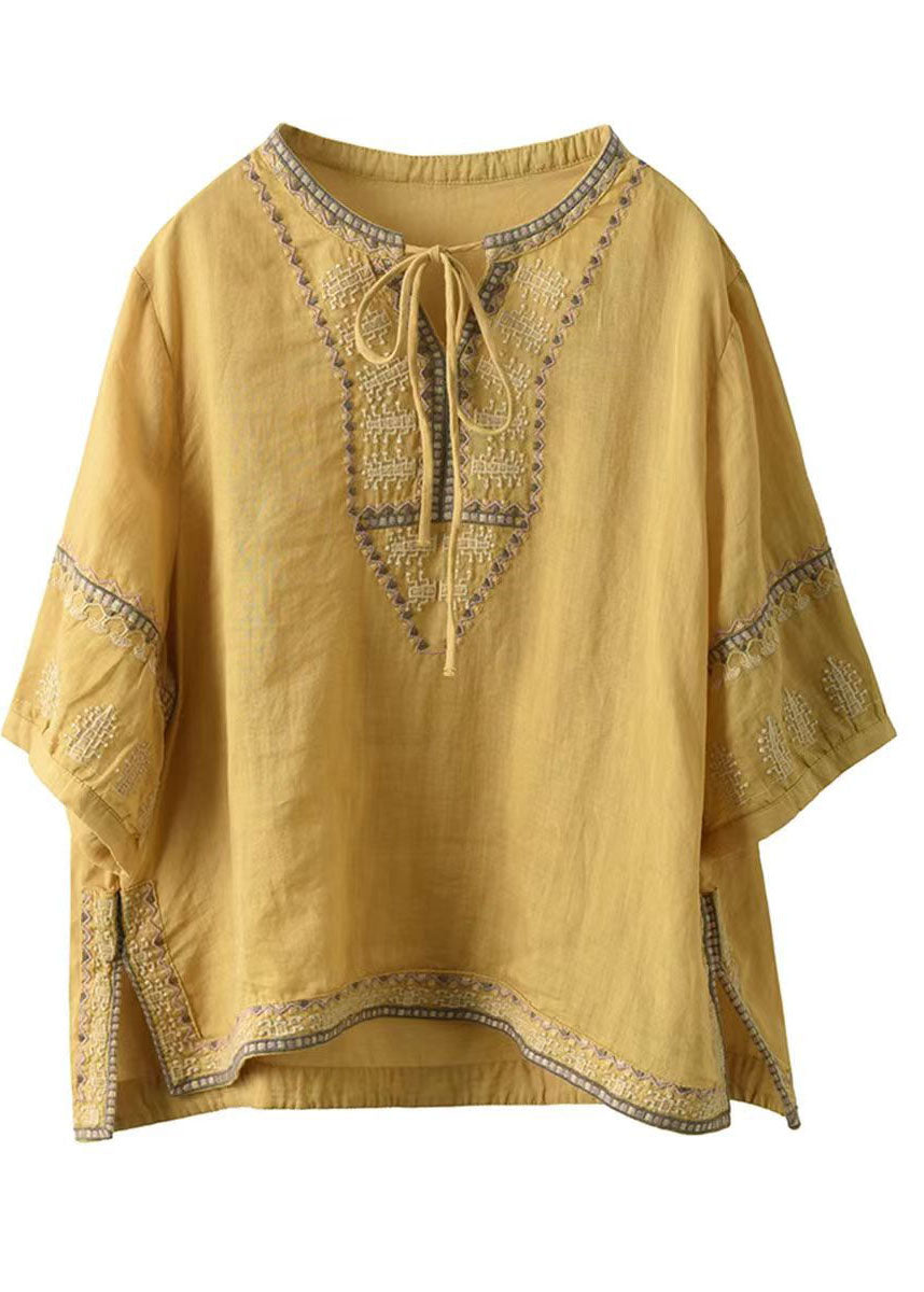 Tie Neck Casual Embroidered Sleeve Half Linen Blouses Yellow FashionChic