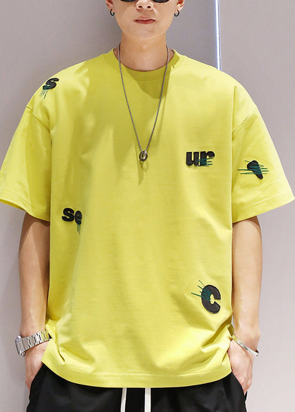 Casual Yellow Embroideried Cotton Oversized T Shirt Men Summer WA016 MENT241110