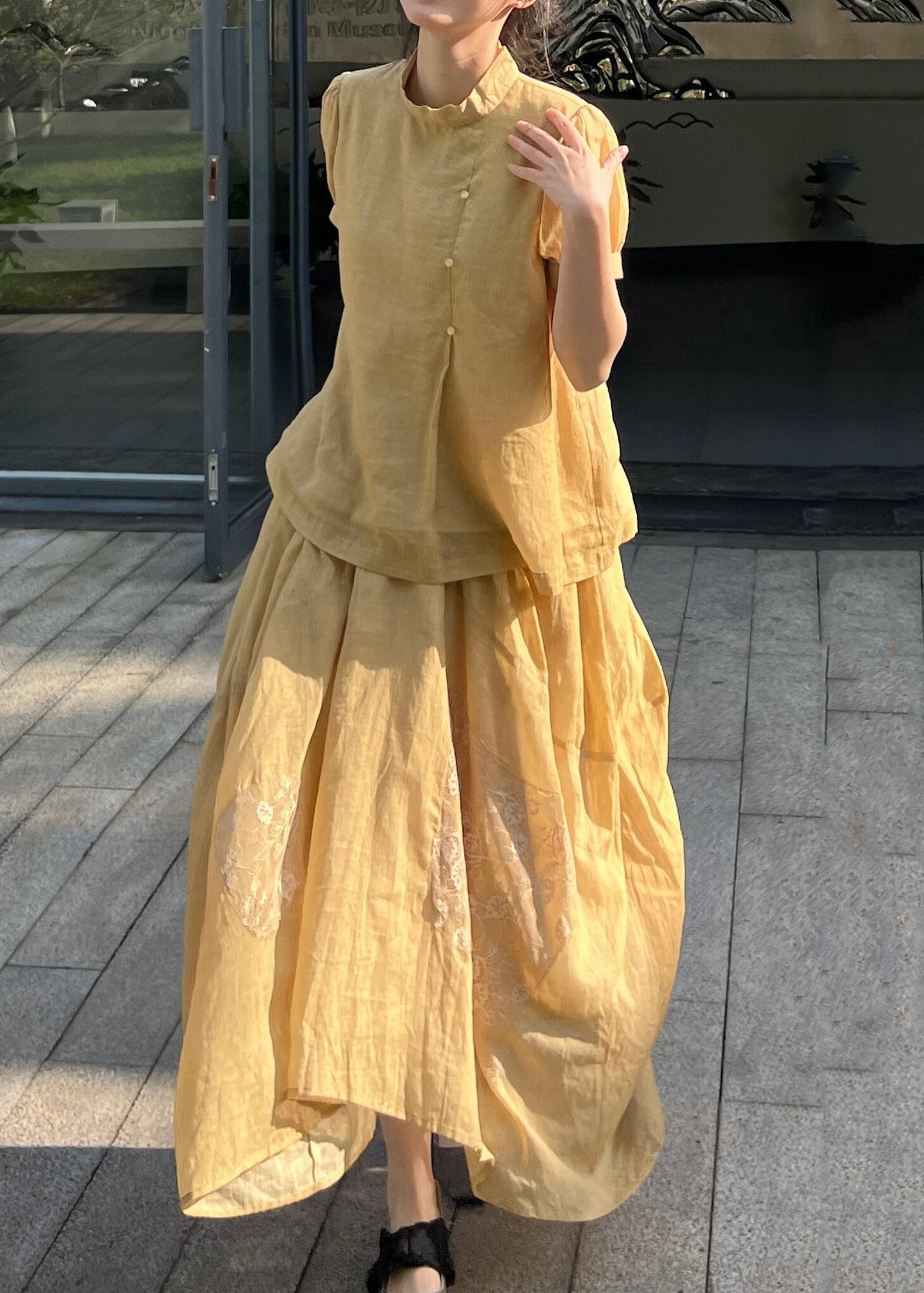 Casual Yellow Lace Patchwork Tops And Skirts Cotton Two Pieces Set Summer ZL069 SH-LF-TPIEC240621