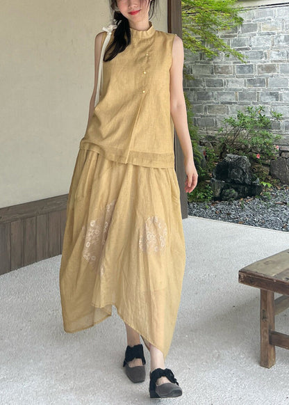 Casual Yellow Lace Patchwork Tops And Skirts Cotton Two Pieces Set Summer ZL069 SH-LF-TPIEC240621